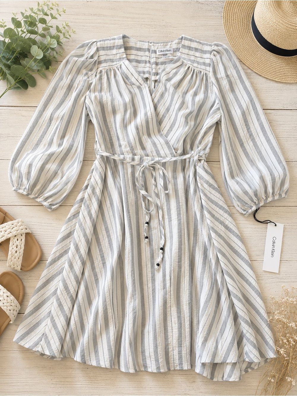 NWT Calvin Klein Gray White Striped Wrap Dress | Size 10 - Picture 1 of 12